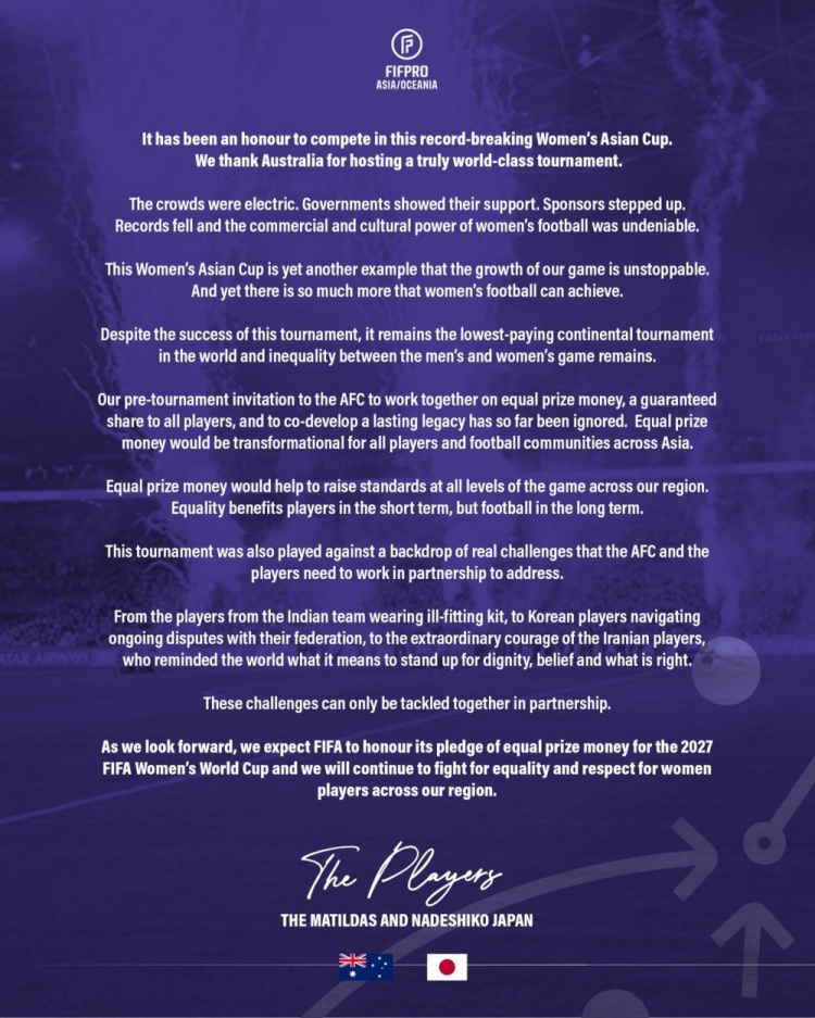 开云-澳大利亚女足和日本女足共同发表声明，要求提高女足赛事奖金